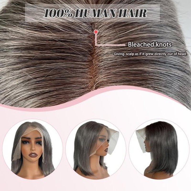 Grey Salt & Pepper Short Bob Wigs Human Hair 13×4 HD Lace Front Silver Real Human Hair Free Part Pre Plucked Hairline Bleached Knots Reusable No Tangle Triple Lifespan Straight for Women12Inch