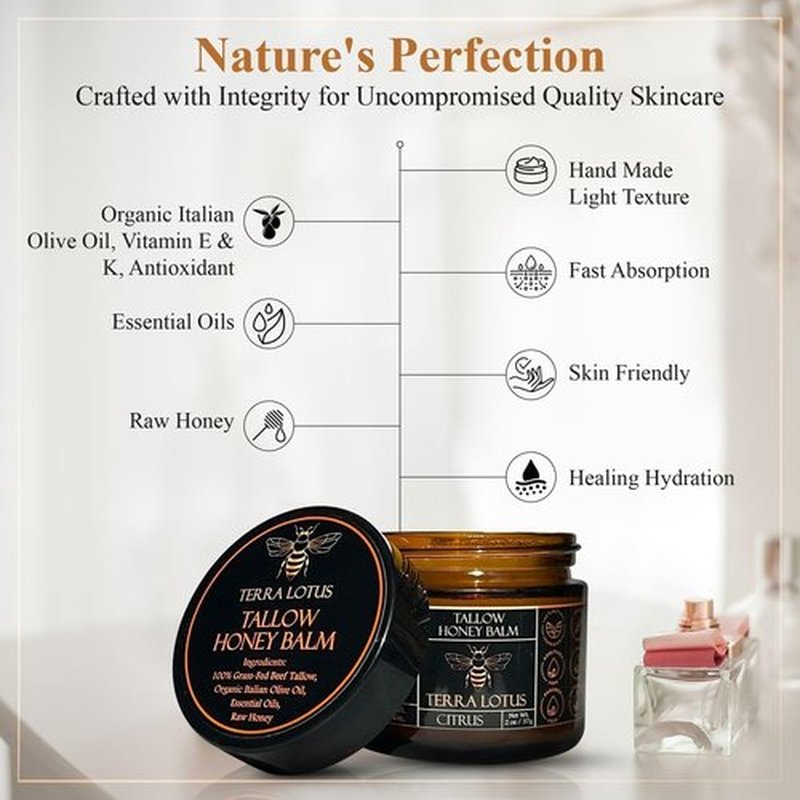 Terra Lotus - Organic Grass-Fed Beef Tallow Balm with Raw Honey - Moisturizing Cream for Soft, Smooth Skin - Handmade All-Natural Moisturizer (2 Oz, Unscented)