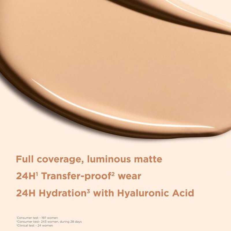 Clarins Skin Illusion Longwear Full Coverage Foundation|Luminous Matte Finish|24H Hold and 24H Hydration|Natural Looking|Transfer, Sweat and Smudge Proof| Contains Hyaluronic Acid|1 Fl Oz, 105N