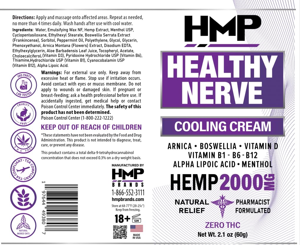 HMP BRANDS Neuropathy Cream Nerve Hemp Cream 2000mg Maximum Strength for Feet, Hands, Legs, Toes, Back with Natural Arnica, Vitamin D3 B1 B6 B12, Menthol, Made in USA, 2.1oz