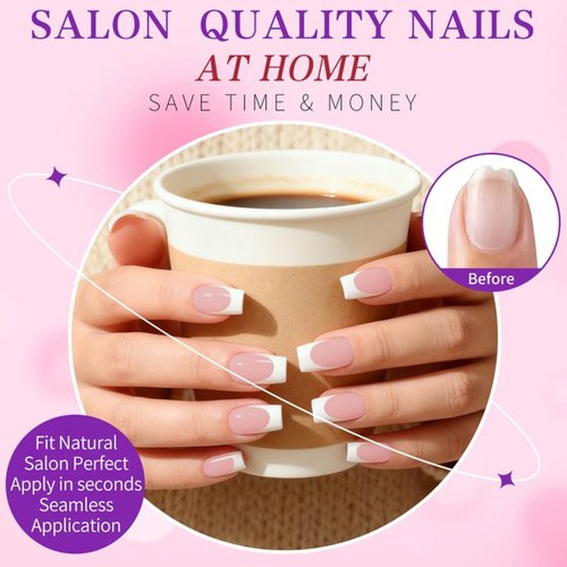 280pc French Tips Press on Nails Medium Square Fake Nail with Glue Tabs, French Tips Glue on Nails Press on Nail Square Acrylic Nails Medium Artificial Fingernails Women Girls Light Pink False Nails