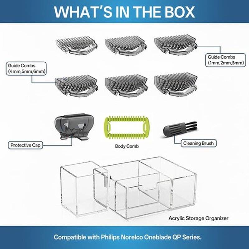 KIONCARE Guards Kit Plus for Philips Norelco OneBlade, with 1–6mm Guide Combs (6 Sizes), Replacement Body Comb, Protective Cap and Organizer Stand