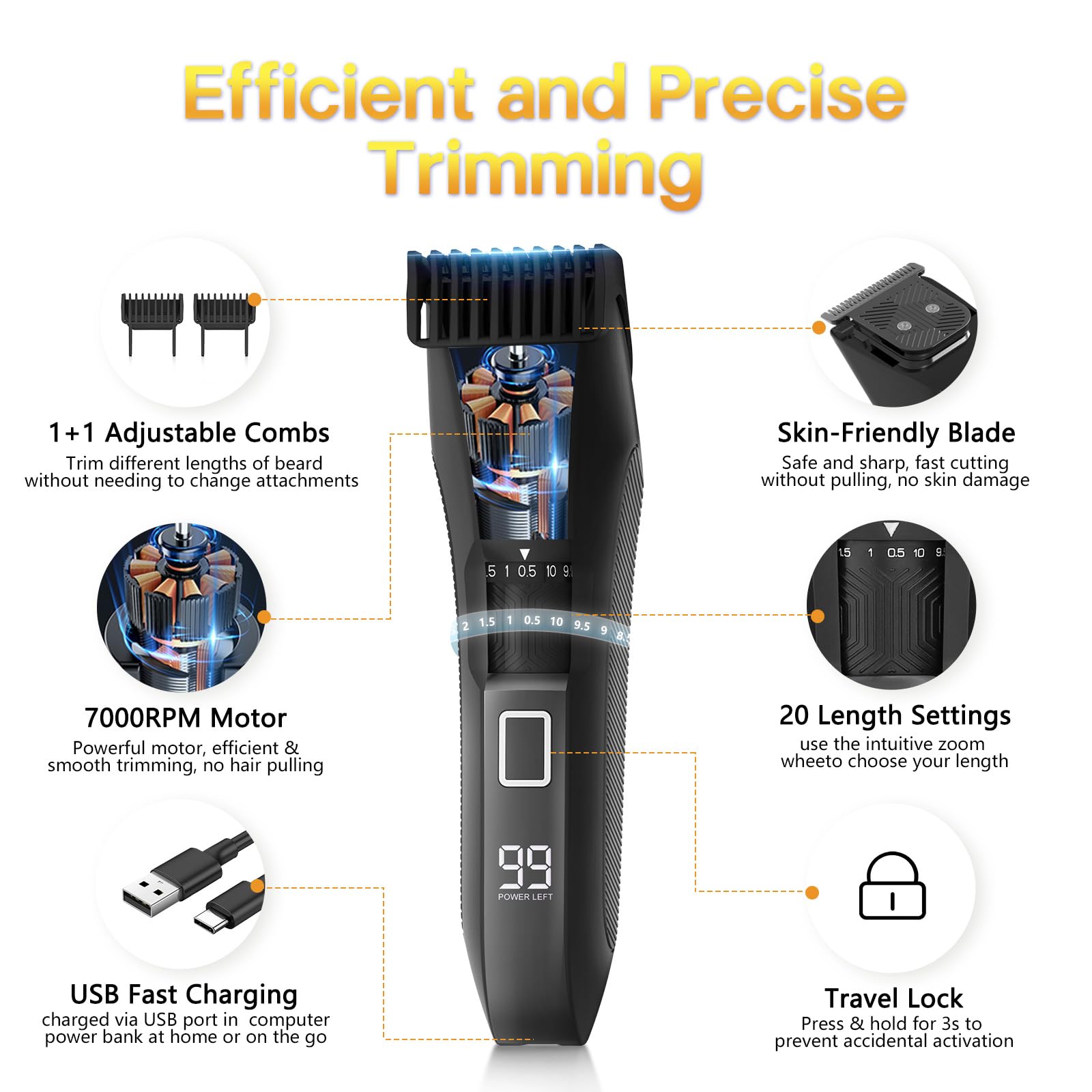 Beatslm Men's Beard Trimmer, 20 Length Adjustable, All-in-One IPX7 Waterproof Clippers, Stainless Steel T-Blade for Precision Facial Hair Trimming with 2 Adjustable Combs, Travel Lock, LED Display