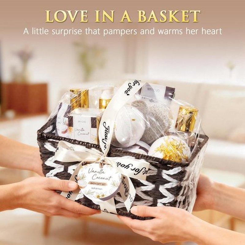 Birthday Gifts for Women, Vanilla Coconut Relaxing Spa Gift Baskets for Women Self Care Package Bath Gift Set, Home Bath and Body Kit Pamper Easter Gifts for Womens Her Mom Friends Sister Wife