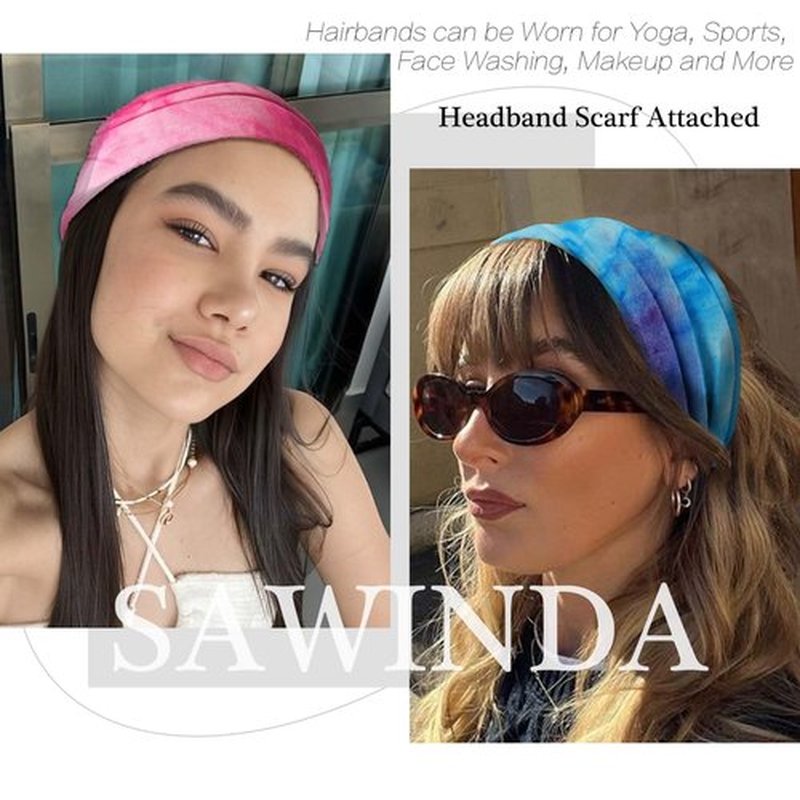 SAWINDA Wide Headbands for Women Tie Dye Headbands Boho Stretchy Non Slip Head Bands for Women's Hair African Cloth Bandanas for Women Yoga Workout Head Wraps Accessories 4 Pack