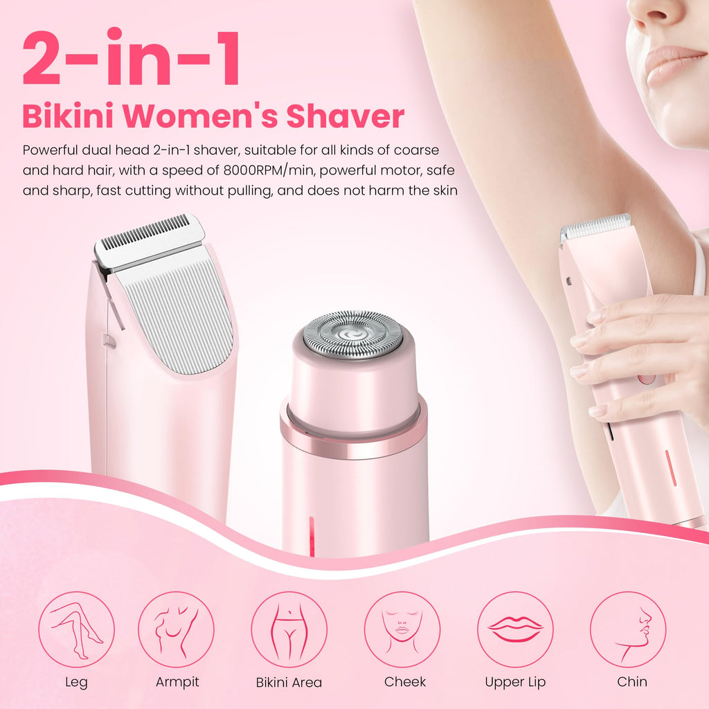 Bikini Trimmer for Women-2 in 1 Dual Head Electric Razors,USB Rechargeable Bikini Electric Shaver,IPX7 Waterproof Dry & Wet Use Body Hair Trimmer and Facial Hair Remover for Underarm Leg Body,Pink