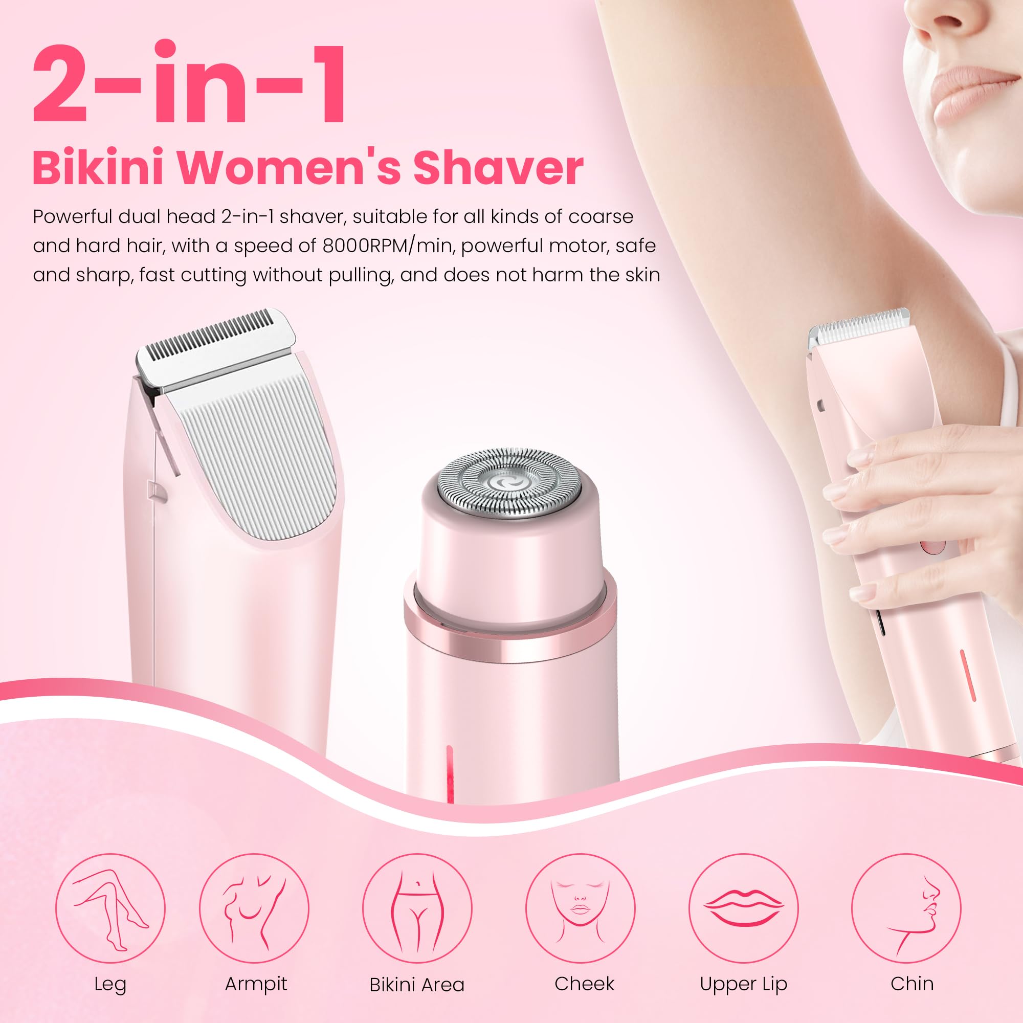 Bikini Trimmer for Women-2 in 1 Dual Head Electric Razors,USB Rechargeable Bikini Electric Shaver,IPX7 Waterproof Dry & Wet Use Body Hair Trimmer and Facial Hair Remover for Underarm Leg Body,Pink