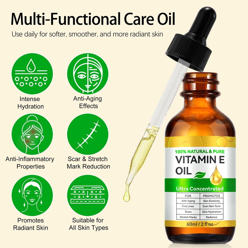 WHLH & WELL-BEING Pure Vitamin E Oil for Skin Face Hair Scars, Moisturizing Dry Skin Winkles Hair and Scalp Pack of 2