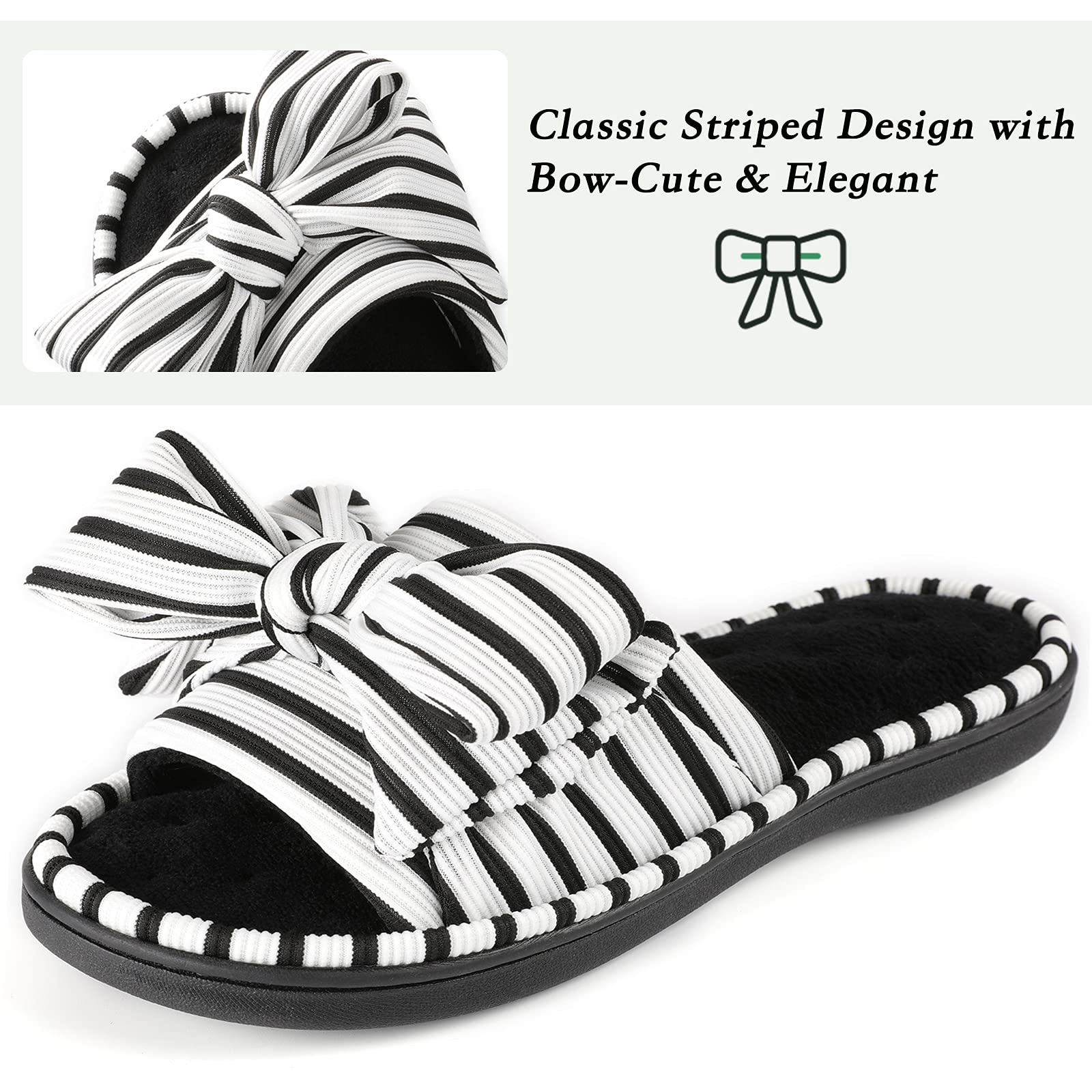 ULTRAIDEAS Womens Indoor Outdoor Slippers, Memory Foam Open Toe Cute House Shoes for Bedroom with Bow Design, Gift for Women(Black,7-8)