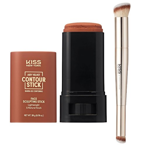 Kiss New York Airy Velvet Contour Stick - Cool Toned Face Sculpting Cream with Dual Ended Brush Set | Tan Brown 0.70 Oz