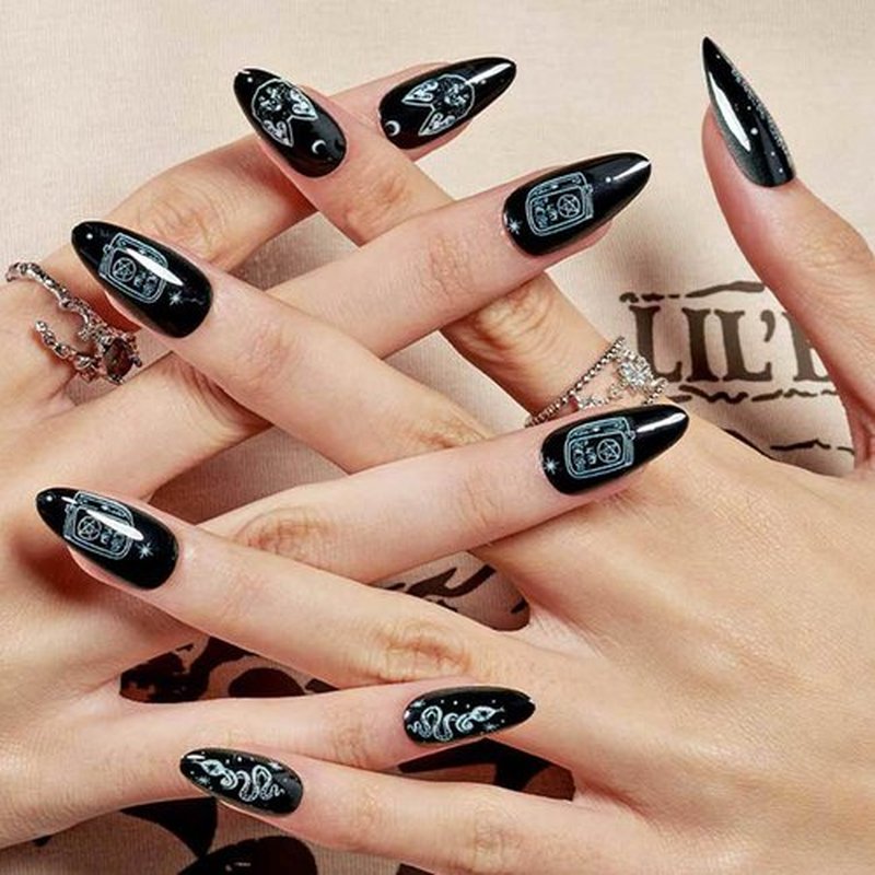 GLAMERMAID Press on Nails Almond,Black Gel False Nails with Design,24 PCS Glue on Nails,Reusable Acrylic Stick on Nails Tips Manicure Set for Women,Primitive Belief