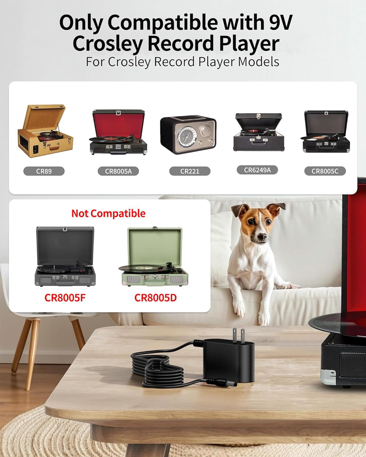 WUKUR 9V 2A Power Adapter for Crosley Record Player Power Cord, Charger for Crosley Cruiser Portable Turntable Record Player CR8005A CR221 CR8005C I II III Series, 5.9ft Cable (Not for 5V or 12V)