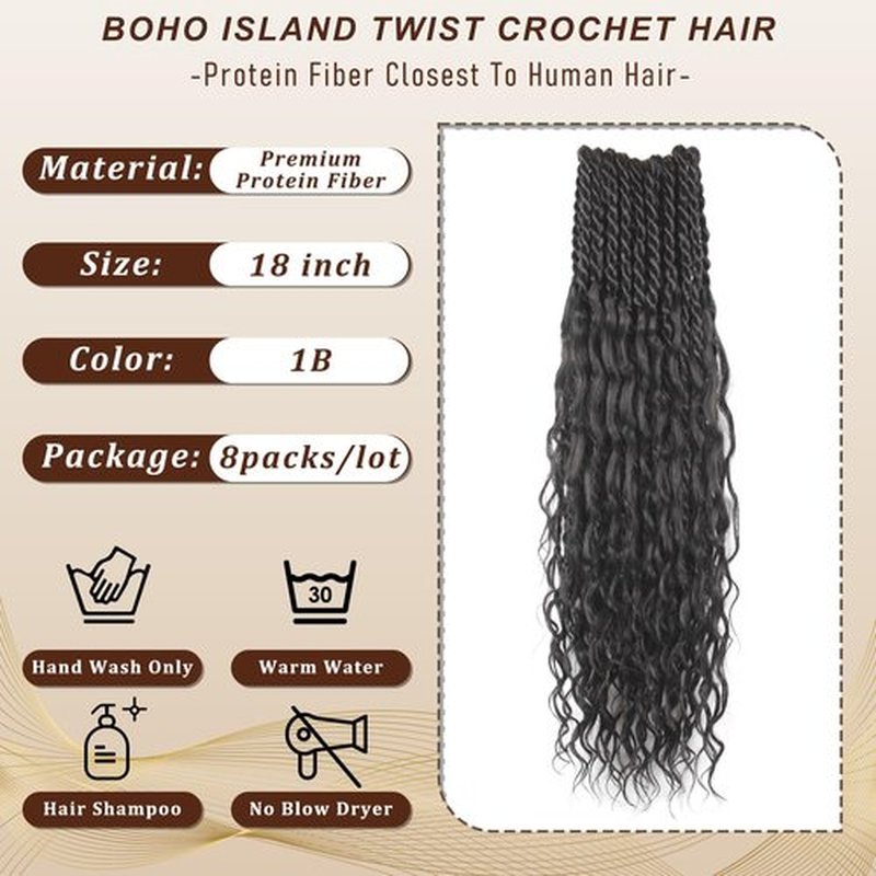 Boho Island Twist Crochet Hair Pure Protein Fiber Close to Human Hair 18 Inch Pre Looped Soft Goddess Twist with Curly Ends 8 Packs Senegalese Twist Crochet Hair for Black Women (18Inch 1B)