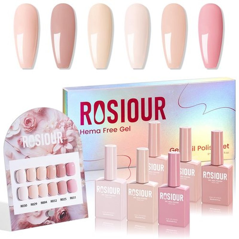 6PCS 18ml Nude Gel Nail Polish Set- Hema Free Nude Pink Yellow Soak off Gel Polish Set with Swatch Board- Light Pink Off-White Gel Colors Nail Art Manicure Salon DIY at Home for Women Girl