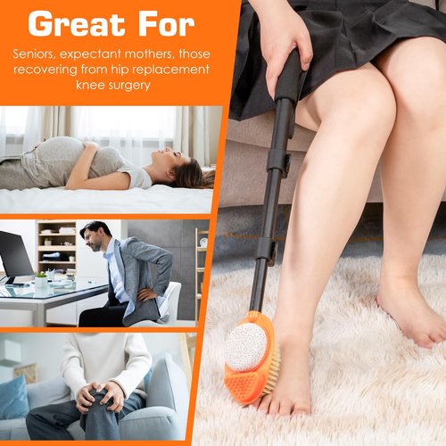 LYIGEOL Foot Scrubber with Pumice Stone, 3 in 1 Adjustable Aluminum Tube 15”-28” Shower feet Dead Skin Remover, Foot Cleaning Brush for Seniors,Elderly, Disabled Men and Women