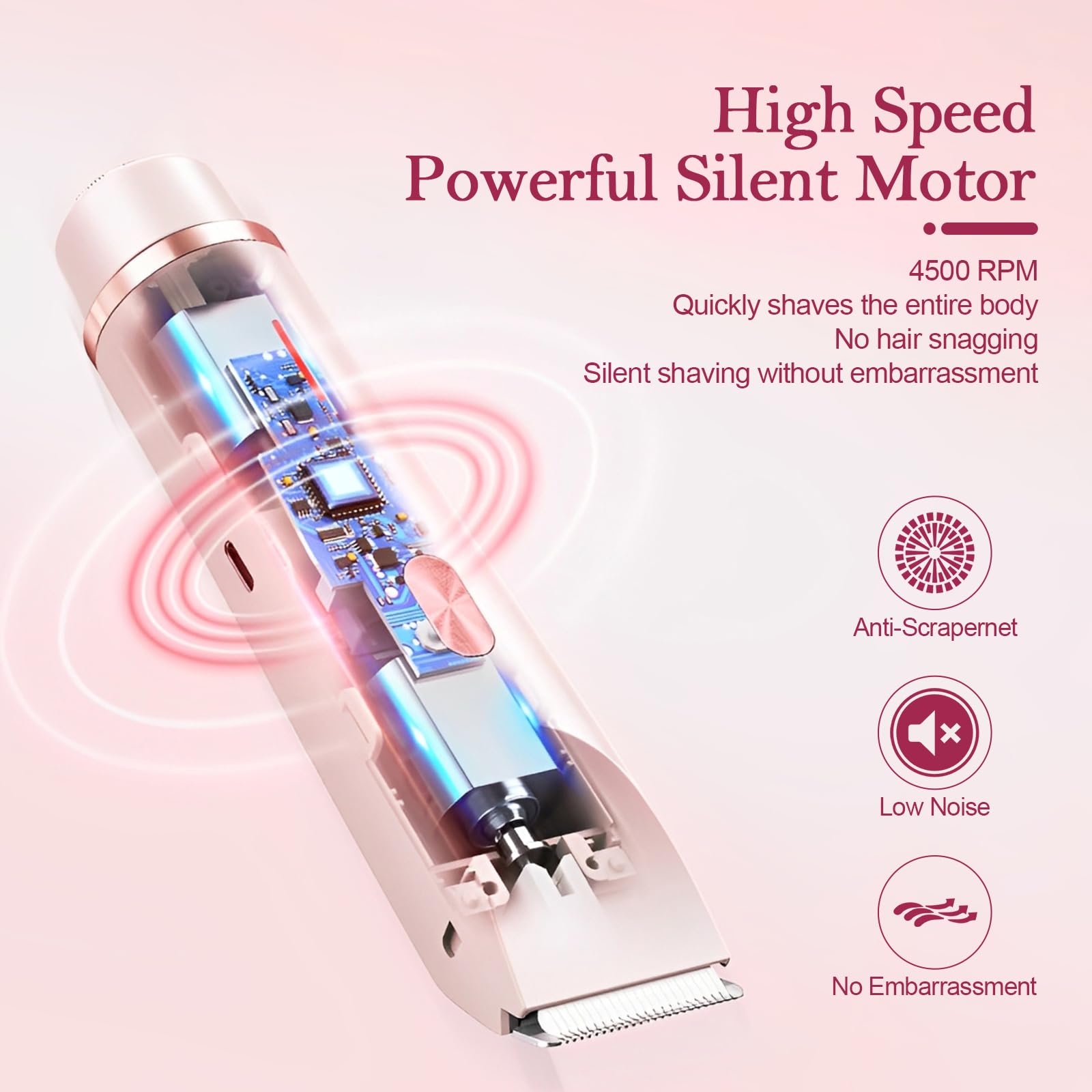 GlossLuxe Bikini Trimmer for Women, 2-in-1 Dual Head Shaver Women, IPX7 Waterproof Gentle Electric Razors for Sensitive Areas, Cordless Hair Removal for Shower & Travel, Holiday Gift (Pink)