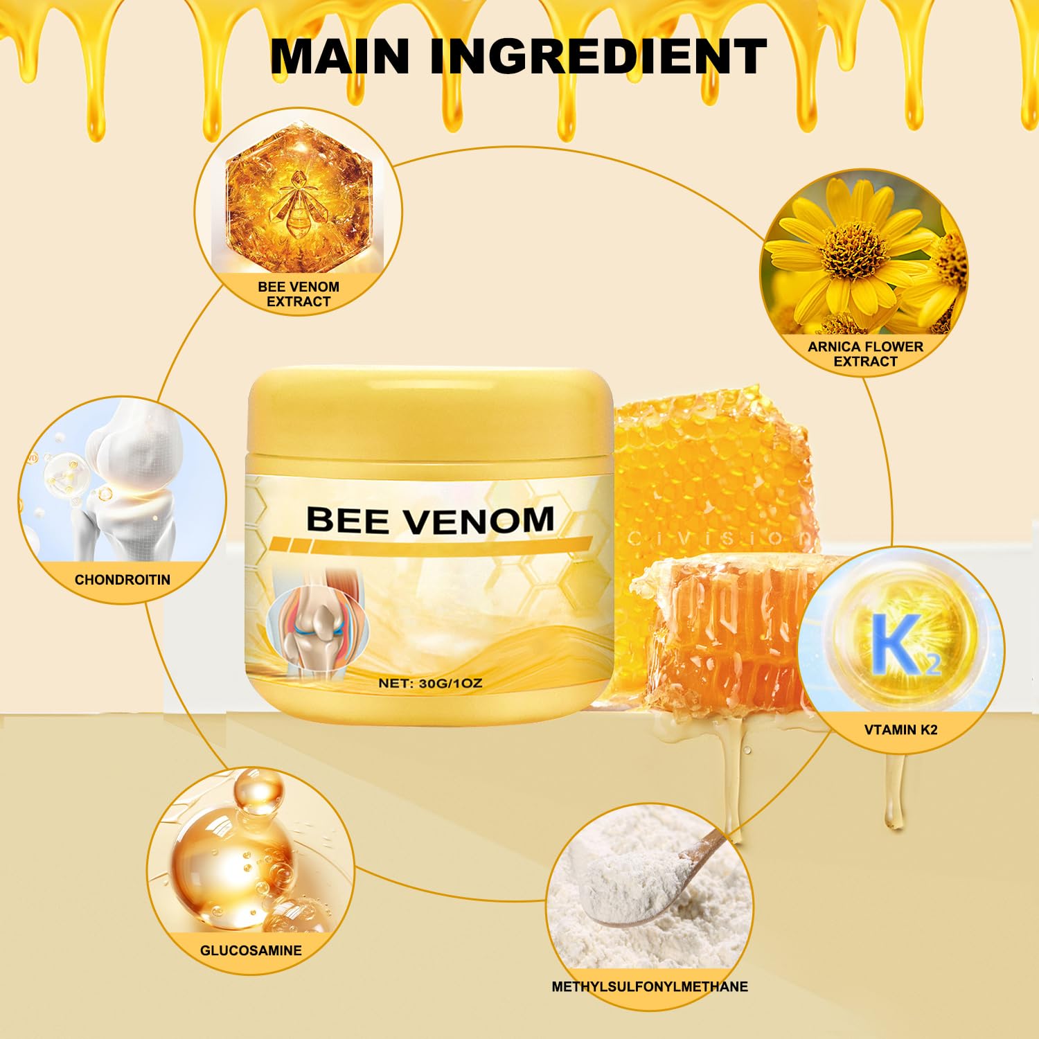 Botou 2PCS New Bee Venom Professional Joint Cream, for Neck, Waist, Back, Hands, Feet and Legs Advanced Bee Propolis Joint Cream, yellow