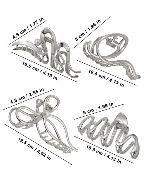 HAIMEIKANG 4 PCs Metal Hair Claw Clips - Irregular Large Clips for Women, Non-Slip Styling Accessories for Thick and Thin Hair (Silver)