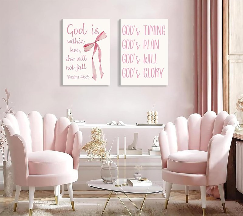 Coquette Pink Bow Canvas Wall Art - Inspirational Bible Verse Prints for Girls' Room | 12"x16" Framed Decor