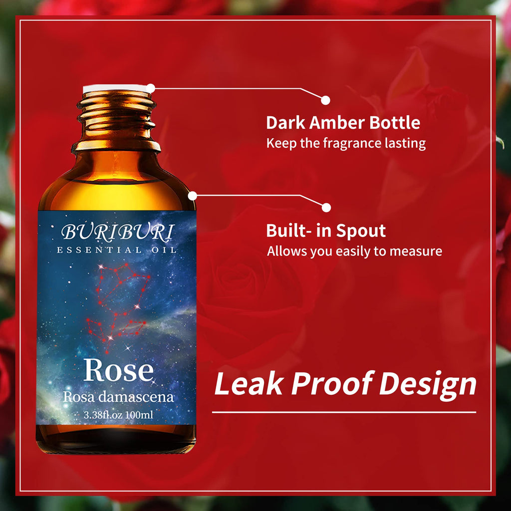 BURIBURI Rose Essential Oil 100ML Gifts Set 100% Pure Natural Undiluted Aromatherapy Rose Oil 3.38fl.oz for Soap, Candle Making, Massage, Diffuser, Humidifier