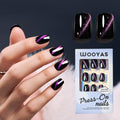 Wooyas Cat Eye Press on Nails, 9D Glitter Black Square Handmade Short Fake Nails with Purple Glitter Design, Glossy Salon Perfect Magnetic Gel Nails in 12 Sizes - 24 Pcs Nails Kit for Woman
