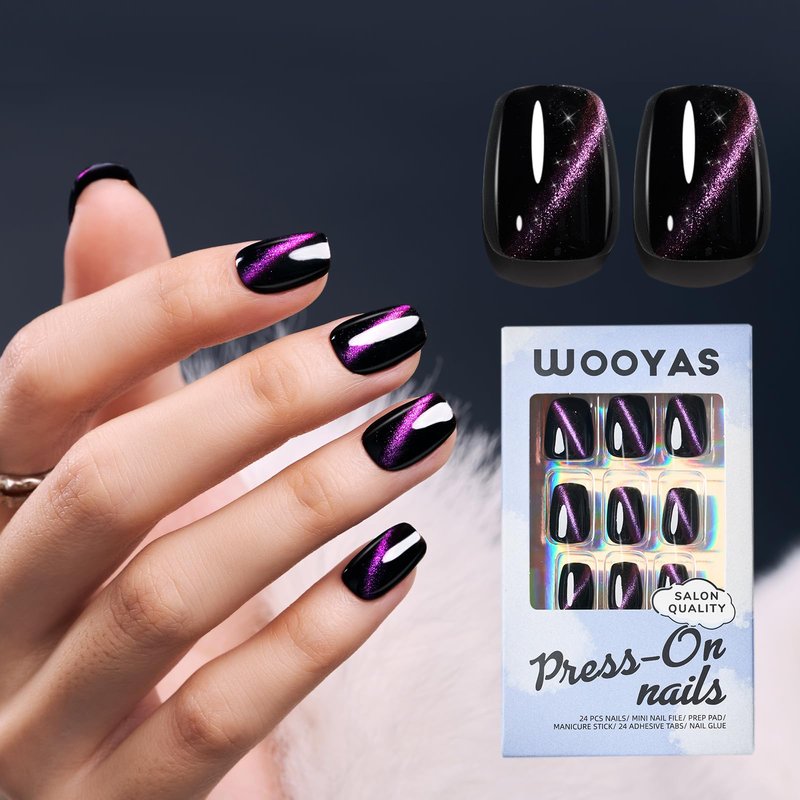 Wooyas Cat Eye Press on Nails, 9D Glitter Black Square Handmade Short Fake Nails with Purple Glitter Design, Glossy Salon Perfect Magnetic Gel Nails in 12 Sizes - 24 Pcs Nails Kit for Woman