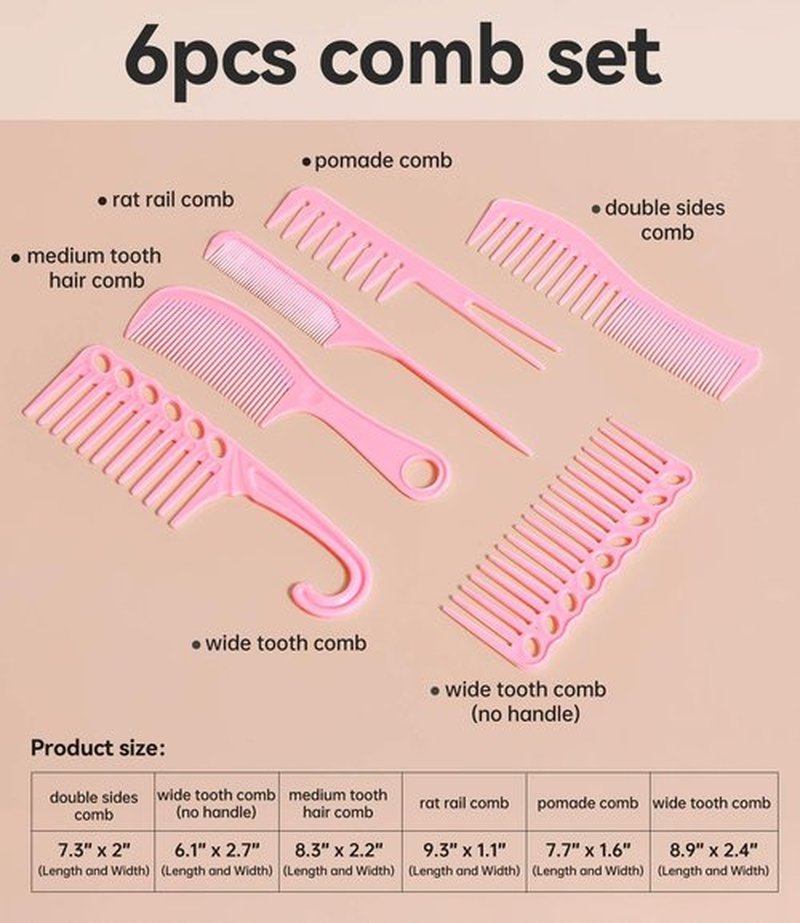 6PCS Professional Hair Comb Set for Women & Men Rat Tail, Wide & Fine Tooth Combs for Curly Hair, Braiding, Barber Styling, Cutting & Parting (Pink)