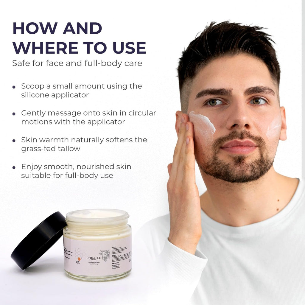 Opraelle Organic Grass-Fed Beef Tallow Balm with Raw Honey - Moisturizing Cream for Soft, Smooth Skin All-Natural Moisturizer (4oz with Applicator)