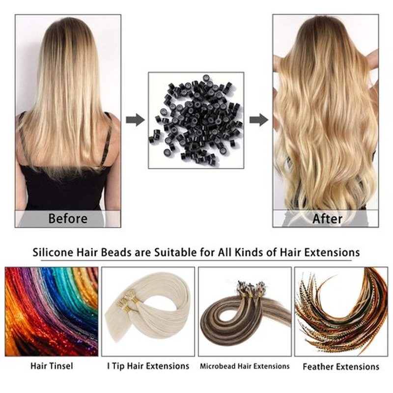 1500Pcs Silicone Beads for Hair Extensions, 3Colors 5mm Silicone Lined Beads Microlink Rings Hair Extensions Tool (Brown-Black-Blonde)