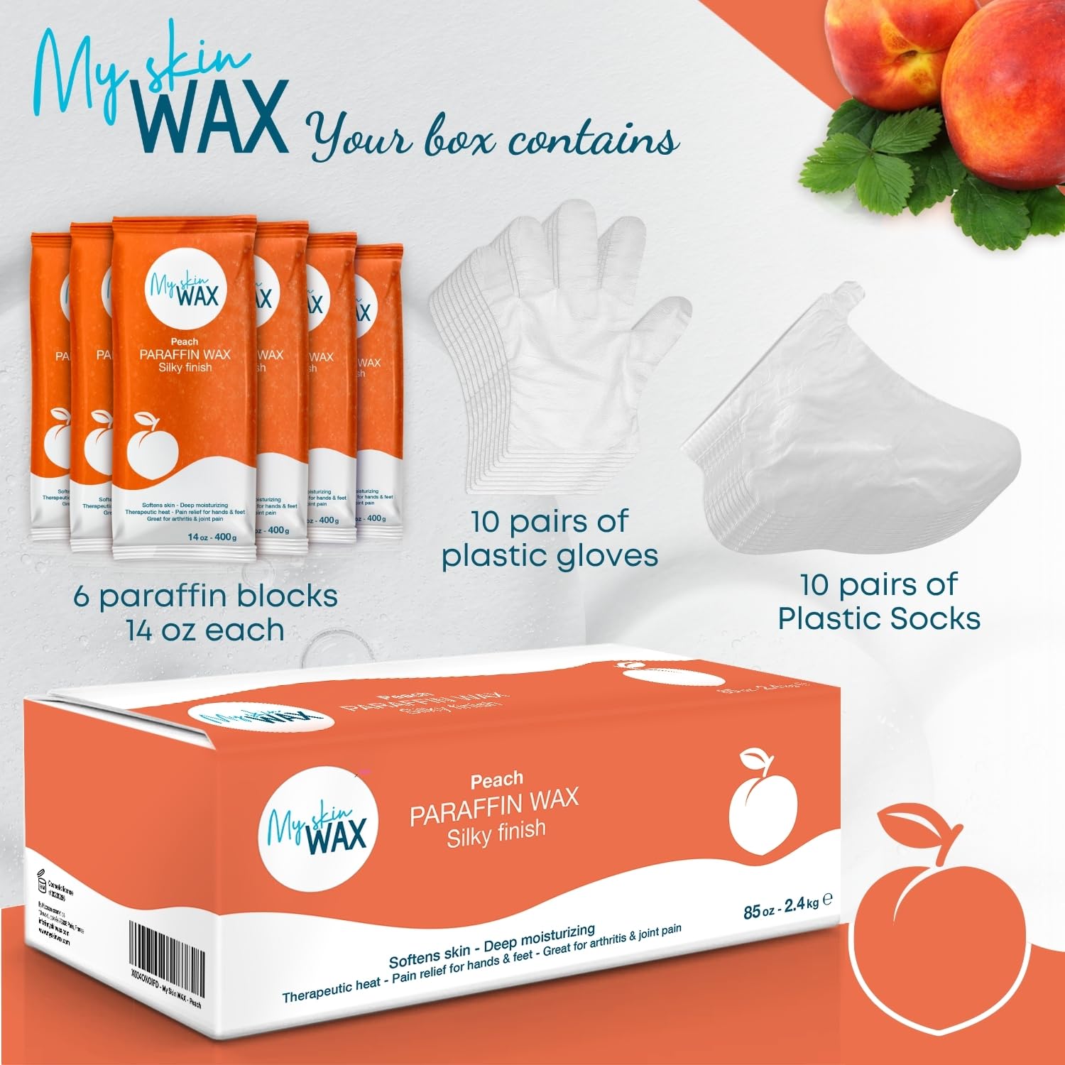 Paraffin Wax Refills Maxi Pack for Hands and Feet Bath – 6 Large 14 oz Blocks (5.25 lb) Peach Scent, Moisturizing Non-Greasy Wax for Arthritis Relief, Pedicure, Home Spa