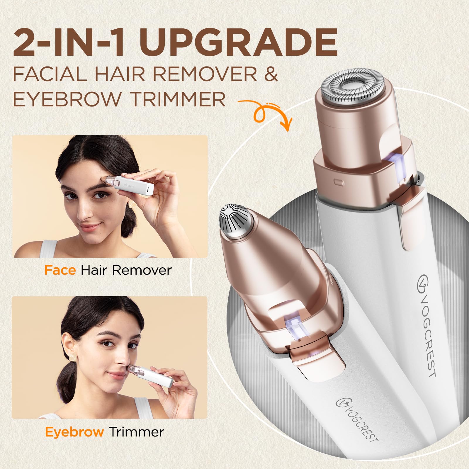 Rechargeable Facial Hair Remover for Women: 2 in 1 Electric Eyebrow and Facial Hair Remover - Suitable for Middle-aged Women’s Eyebrow, Chin, and Cheek Trimming - with Built-in LED Light (White)