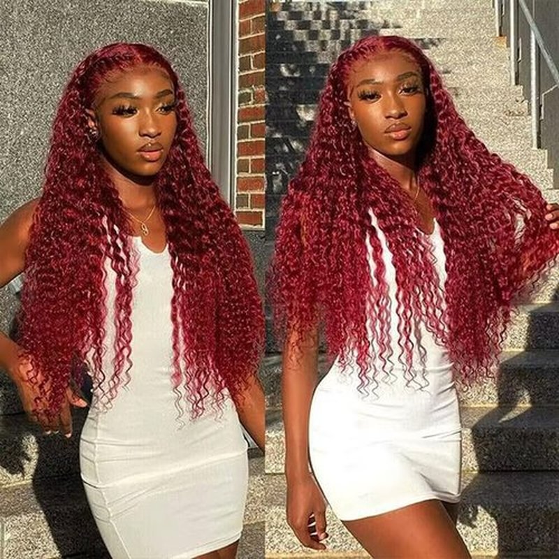 KRKRYQ 22 Inch 99J Burgundy Deep Wave Lace Front Wigs Human Hair 200% Density 13x6 Lace Front Wigs Human Hair Glueless HD Lace Frontal Wigs for Women