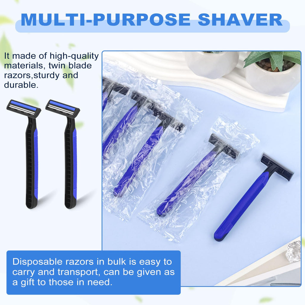 Fafortune Disposable Twin Blade Razors in Bulk, Individually Wrapped - Clear Safety Cap, For Homeless, Hotel, Airbnb, Travel (pack of 400,blue)