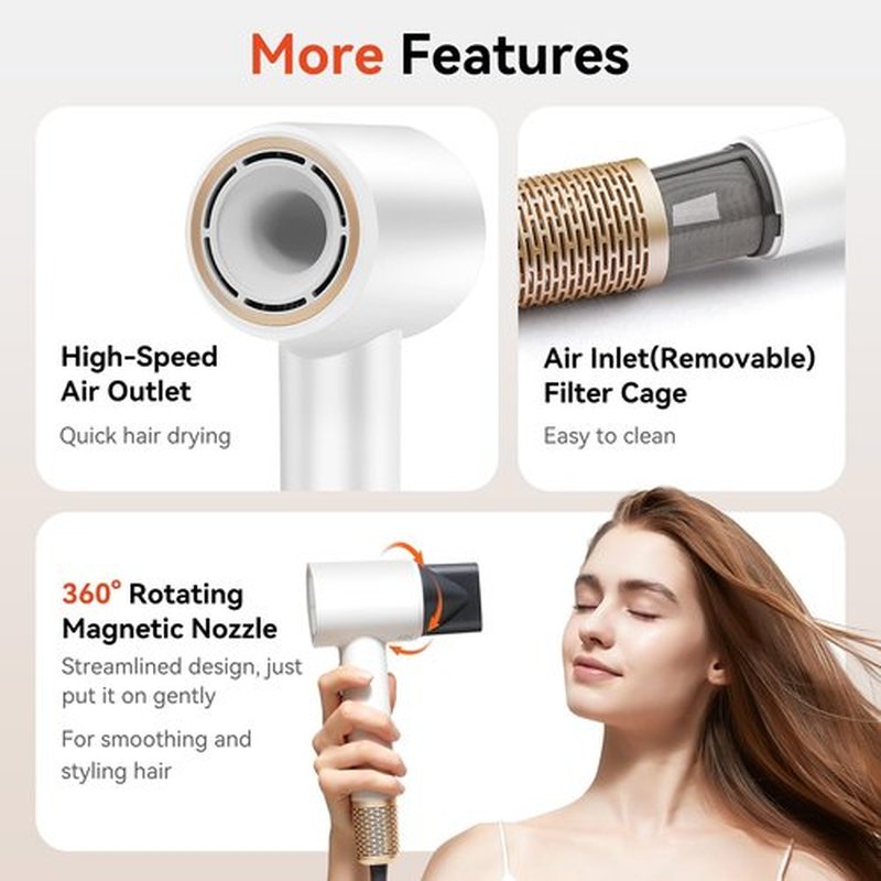 Rizzdeek Dries Hair Quickly Hair Dryer, UP 160,000 RPM High-Speed 500M Negative Ions Brushless Blow Dryer for Shine & Frizz-Free Hair, Intelligent Thermo-Control, Lightweight Quiet Dryer with Nozzle