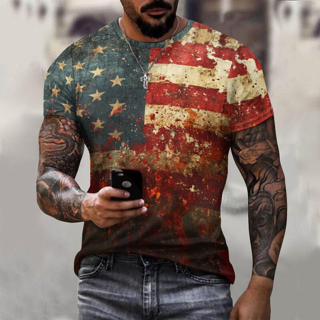 American Flag Shirt Patriotic Print Veterans Short Sleeve Crewneck Pullover T-Shirt Casual Funny Memorial Army Thankful Gift Mens Undershirt,3XL