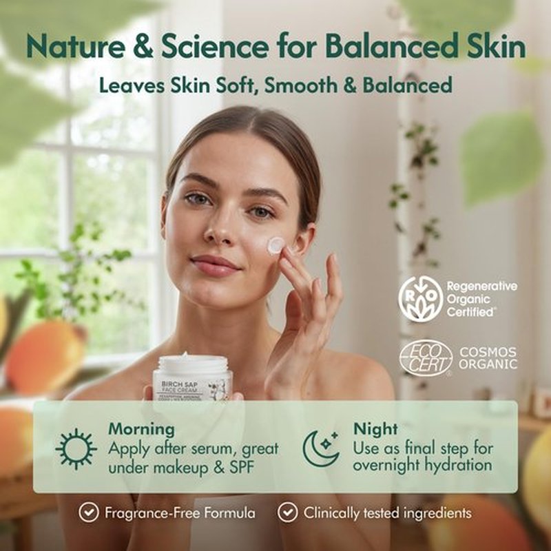 Nordic Organic Birch Sap Face Cream – Peptides, CoQ10, Arginine and sea buckthorn; fragrance-free; made in Finland - COSMOS Organic Certified sensitive-skin formula 50 ml (1.69 oz)