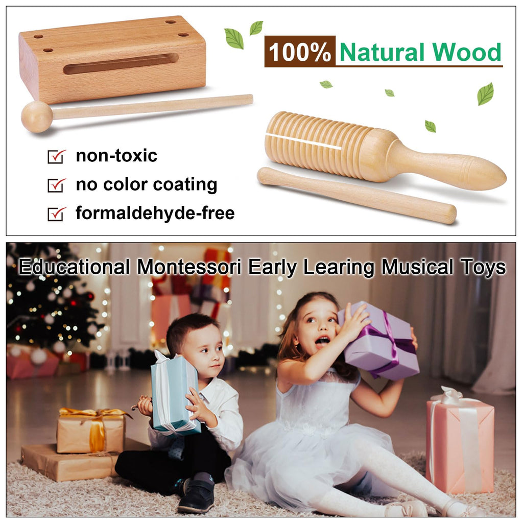 LOOIKOOS Montessori Natural Wooden Musical Instruments Set for Toddlers Preschool Educational Percussion Toys with Storage Bag, Safe Early Learning Toys for Boys Girls (3+)