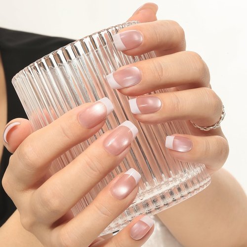 Press on Nails Short Square, Nude Pink French Tip Nail Press ons with Shimmer, Salon-quality 30Pcs Stick on Nails Kit, Reusable False Nails for Women (L2270)