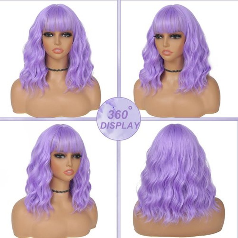 BEAUTIFA Purple Wig with Bangs for Women 14 Inch Lavender Wigs Short Bob Wavy Curly Wig Heat Resistant Synthetic Colorful Wig