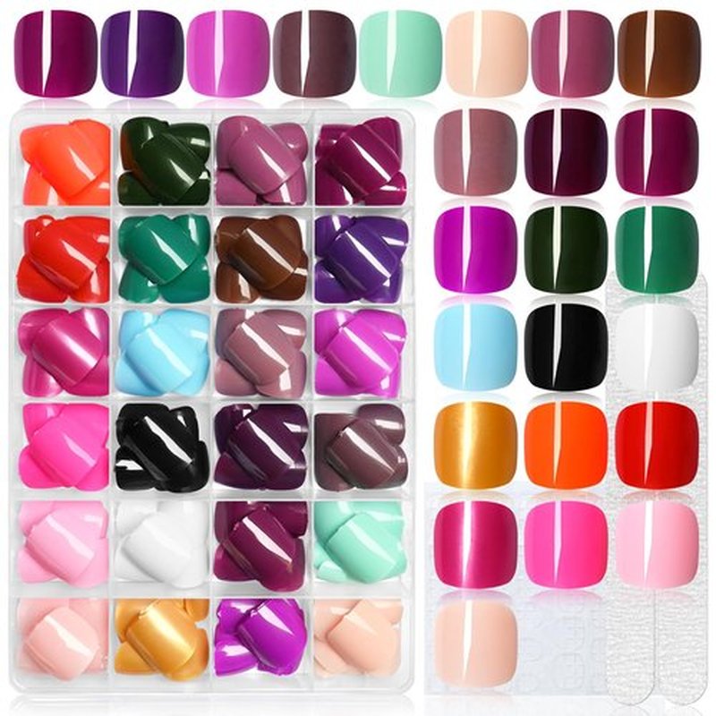 LoveOurHome 576pc Press on Toenails Women Fake Toe Nails Tips, Gel Glue on Toe Nails Press on Nail Short Square Fake Toenail Artificial False Toenails Stick Pedicure 24 Colors Acrylic Toenail Tip