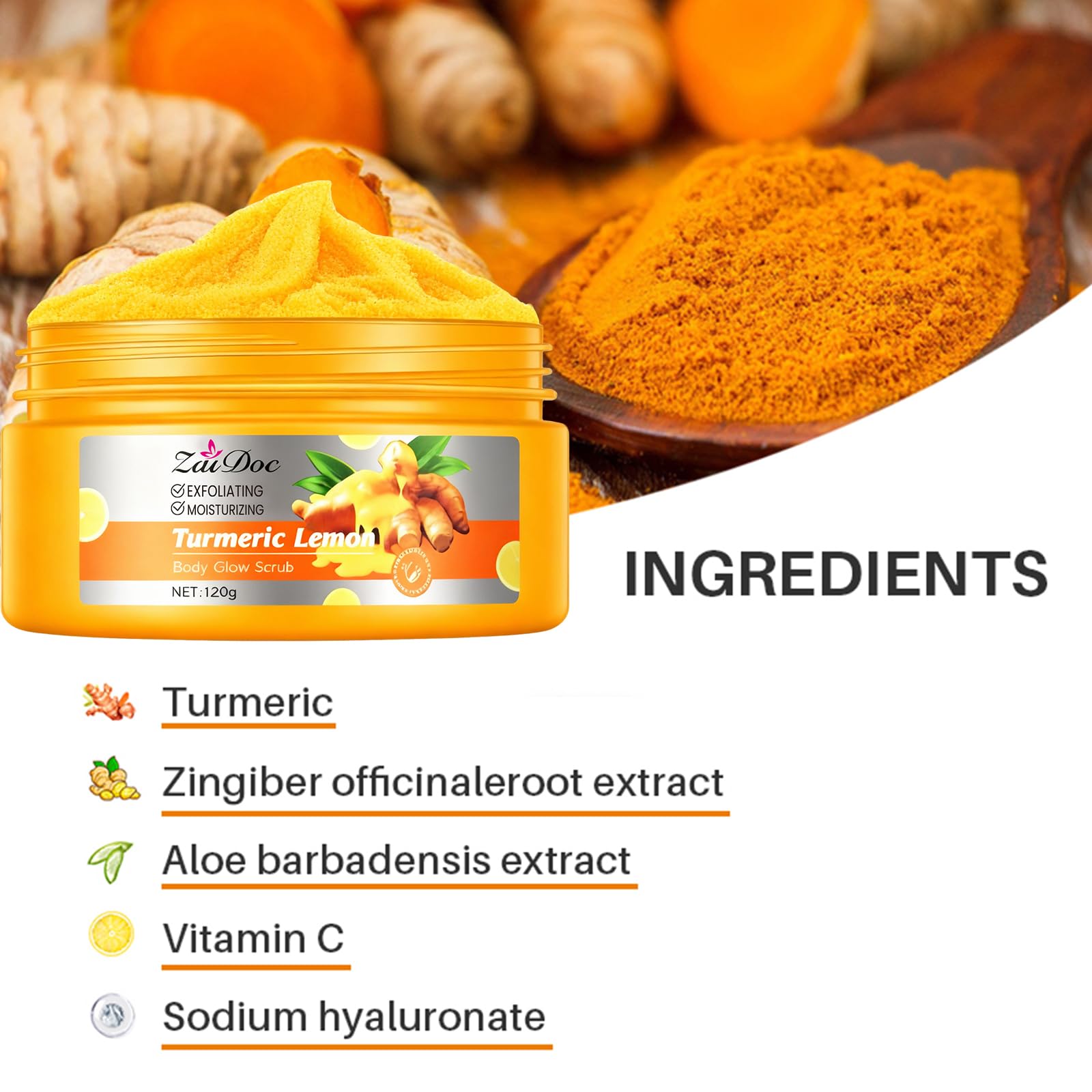 ZaiDoc Turmeric Lemon Sugar Body Scrub, Natural Exfoliating Body with Aloe, Coconut Oil & Hyaluronic Acid, Moisturizing Skin Smoothing Scrub, Gentle Plant-Based Exfoliator for Daily Body Care, 4.2oz