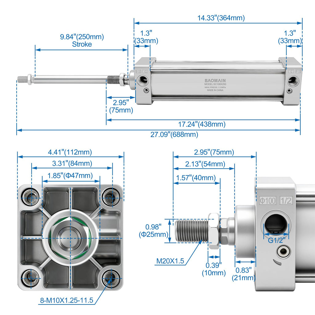 Baomain Pneumatic Air Cylinder SC 100 x 250, PT 1/2 Port, 3.94" Bore, 9.84" Stroke, Single Rod Double Acting, M20X1.5 Threaded Rod, with 4X Push-in Fittings