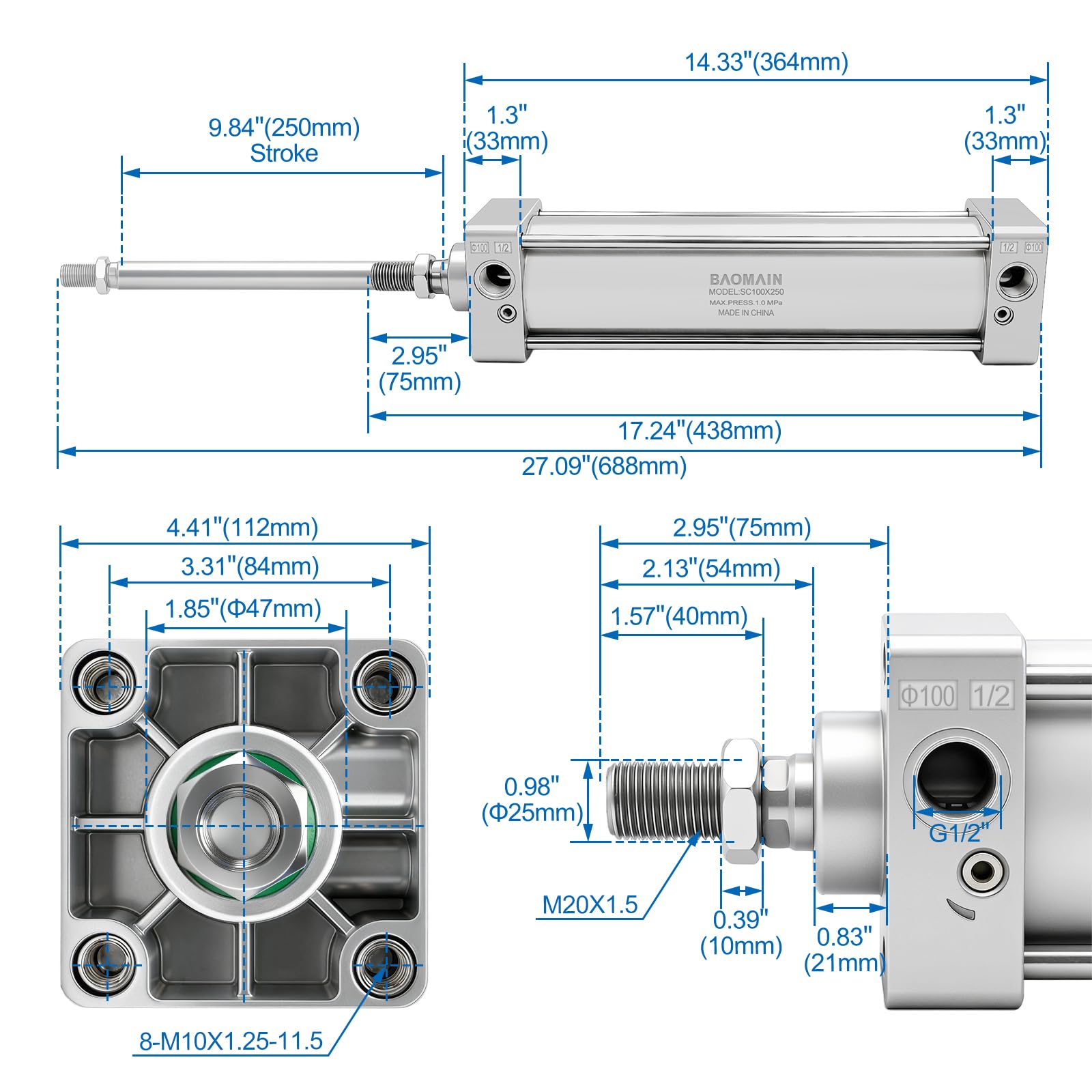 Baomain Pneumatic Air Cylinder SC 100 x 250, PT 1/2 Port, 3.94" Bore, 9.84" Stroke, Single Rod Double Acting, M20X1.5 Threaded Rod, with 4X Push-in Fittings
