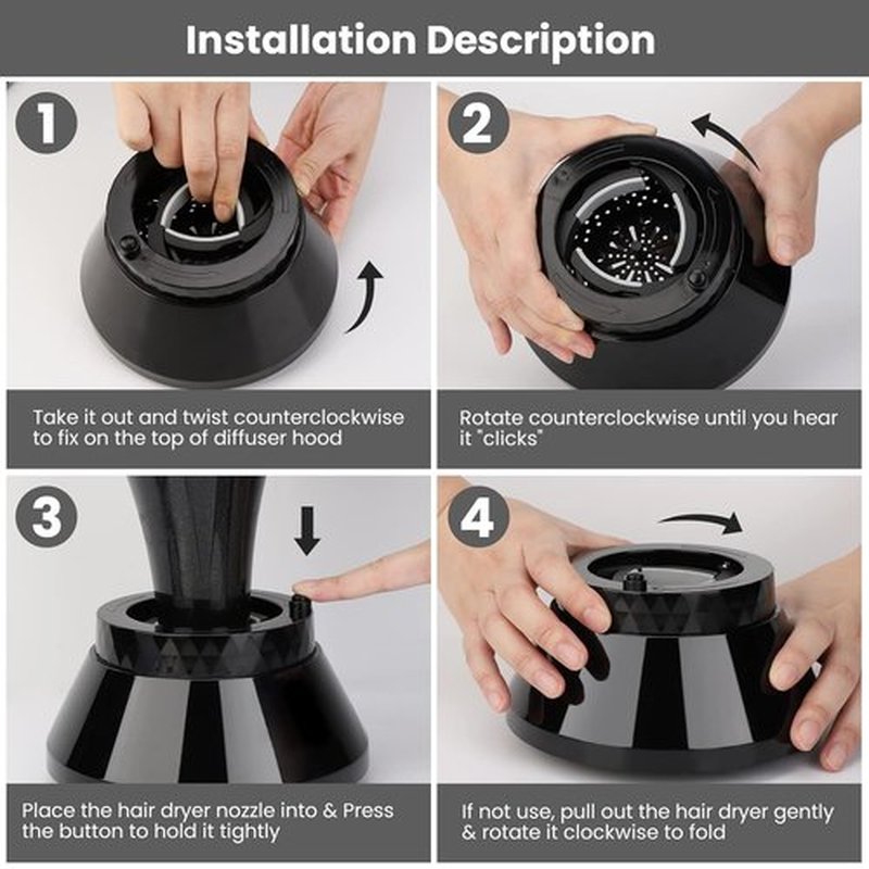 Segbeauty Collapsible Hair Diffuser - Portable Adjustable Attachment for Thick, Wavy, Curly Hair | Fits 1.5"-3.22" Nozzles - Black