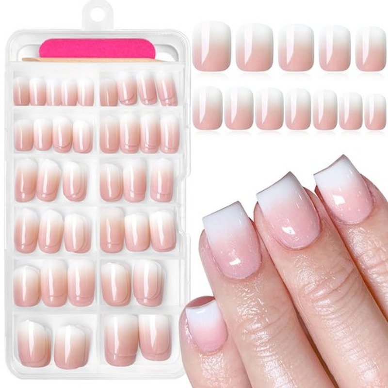 AddFavor 120pcs Ombre Press on Nails Short Square - Pink White Gradient Fake Nails Press ons Square Stick on Nails for Women