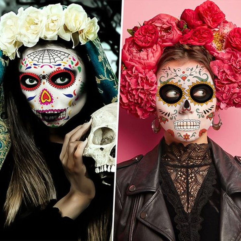 COKOHAPPY Halloween Temporary Face Tattoos Makeup Kit (13 Pack), Day of the Dead Sugar Skull Floral Black Skeleton Web Red Roses Full Face Mask Stickers Tattoo Families Party Supplies