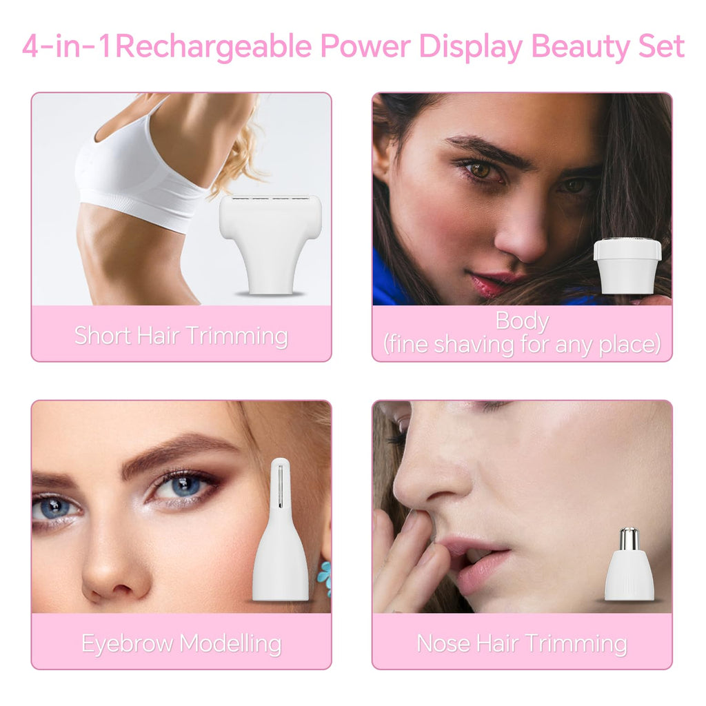 Electric Razor for Women 4-in-1 Bikini Trimmer & Body Shaver for Face, Legs, Underarms, Pubic Hair – Rechargeable Wet/Dry Painless Hair Removal with LED Display (Pink)