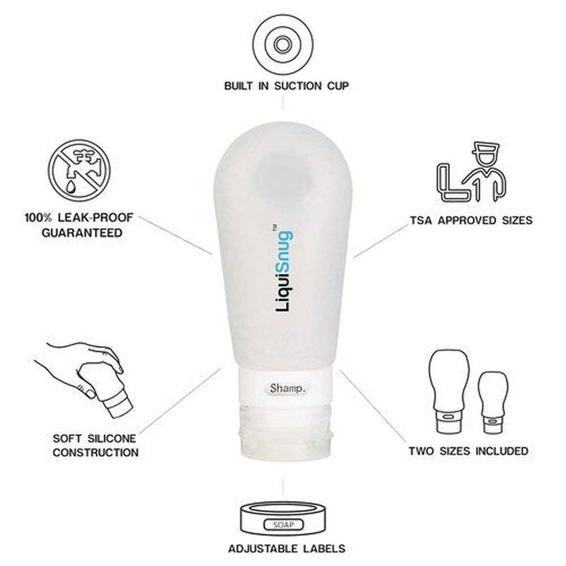 LiquiSnugs Premium Silicone Travel Bottles - Leak Proof & TSA Approved | Adjustable Labels & Suction Cups