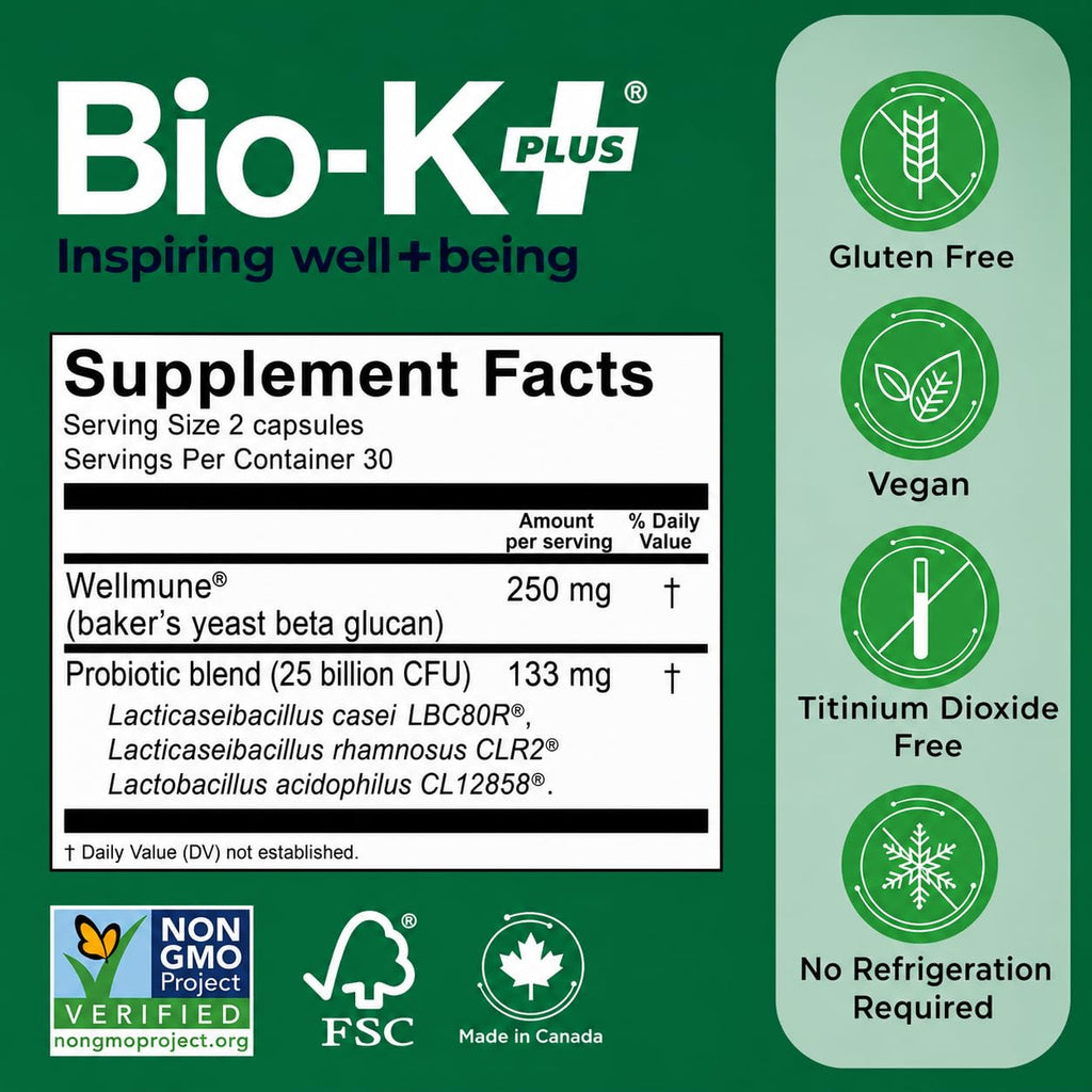 Bio K+ Probitotic for Immune Health with Wellmune® Delayed Release Probiotic Supplement Immune & Digestive System, 25 Billion CFU, Vegan, Shelf-Stable – 60 Capsules