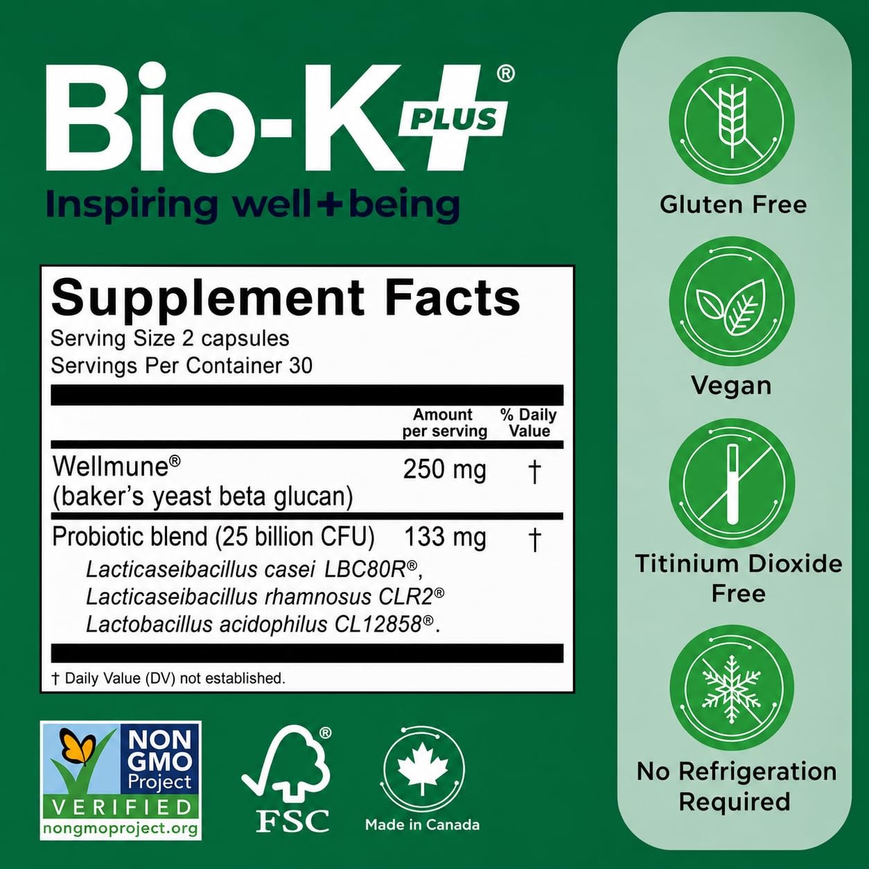 Bio K+ Probitotic for Immune Health with Wellmune® Delayed Release Probiotic Supplement Immune & Digestive System, 25 Billion CFU, Vegan, Shelf-Stable – 60 Capsules